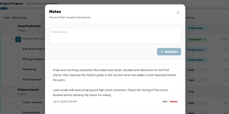 Project notes and resources for music projects
