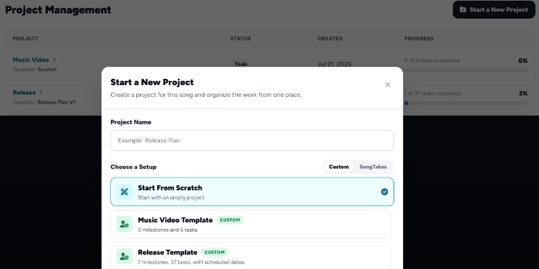 Reusable music project templates for artists