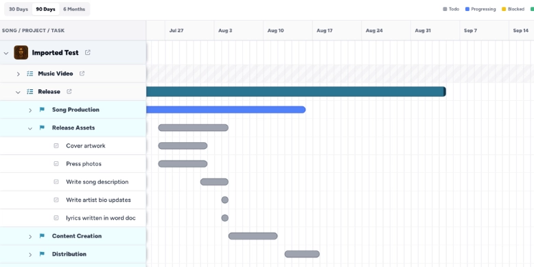 Gantt timeline for music releases and song projects