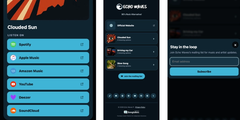 Clean mobile link-in-bio page for musicians