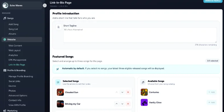 Simple link-in-bio controls for artists