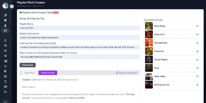 Playlist pitch email creator for musicians