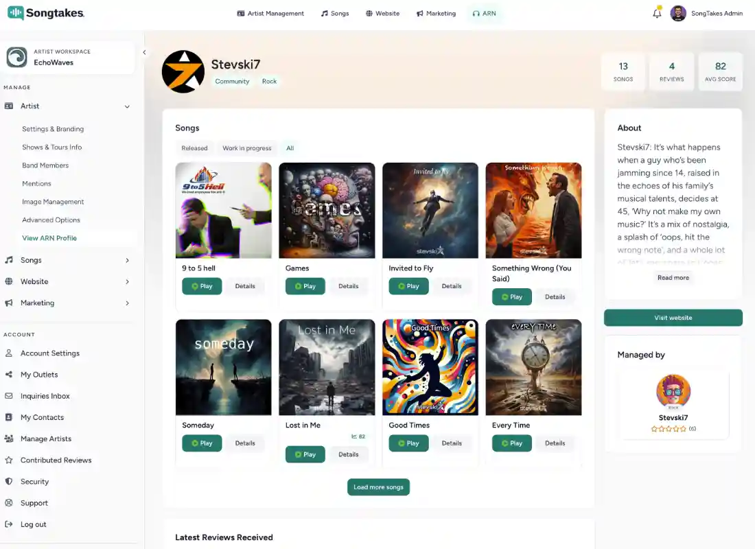 SongTakes website builder preview