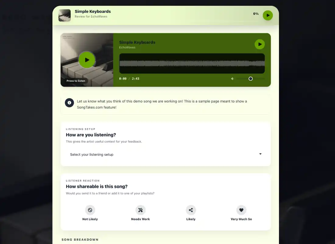 SongTakes website builder preview
