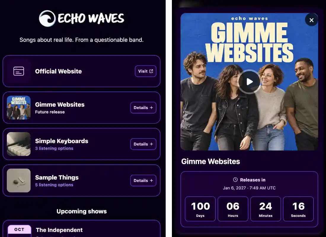 Clean mobile link-in-bio page for musicians