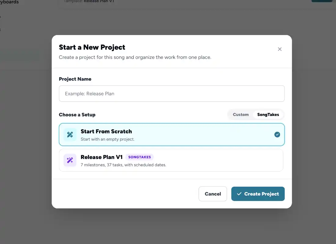 Reusable music project templates for artists
