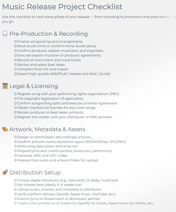 Music Release Project Checklist