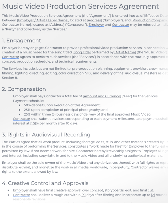 Music Video Production Services Agreement