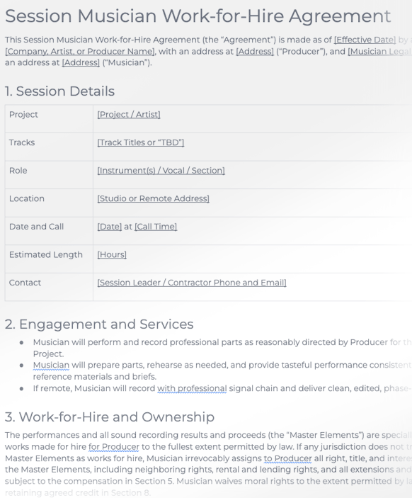 Session Musician Work-for-Hire Agreement