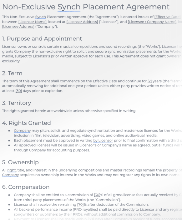 Non-Exclusive Synch Placement Agreement